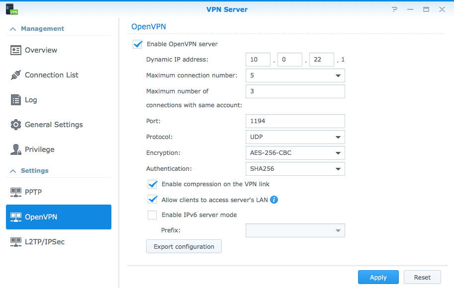 OpenVPN configuration page